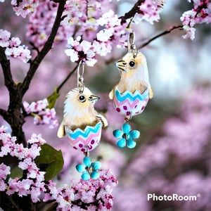 Easter baby chick in egg 3D handpainted earrings sterling wires
